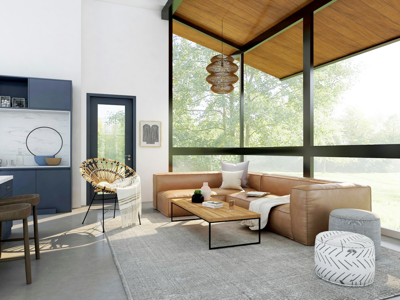 Light-filled living room with floor-to-ceiling windows and timber ceiling
